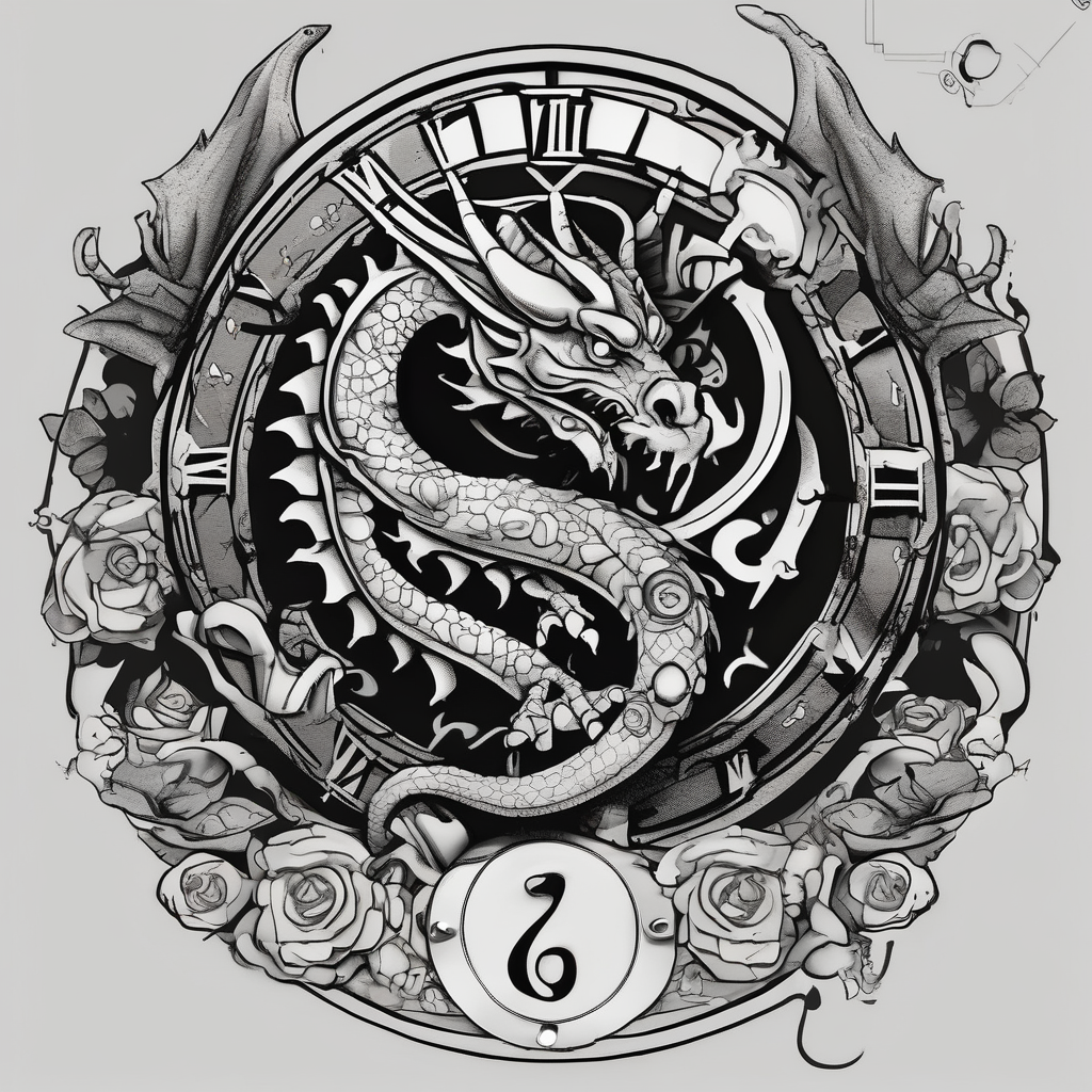 Dark cancer zodiac sign tattoo with dragon, clock and money on background fishing tattoos, design de tatouage Cartoon généré par IA